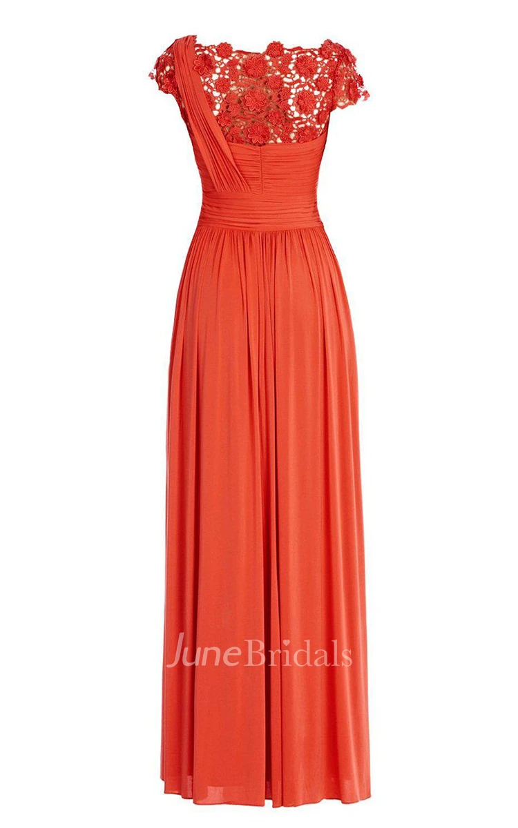 Short-sleeved Long Chiffon Dress With Lace Neckline