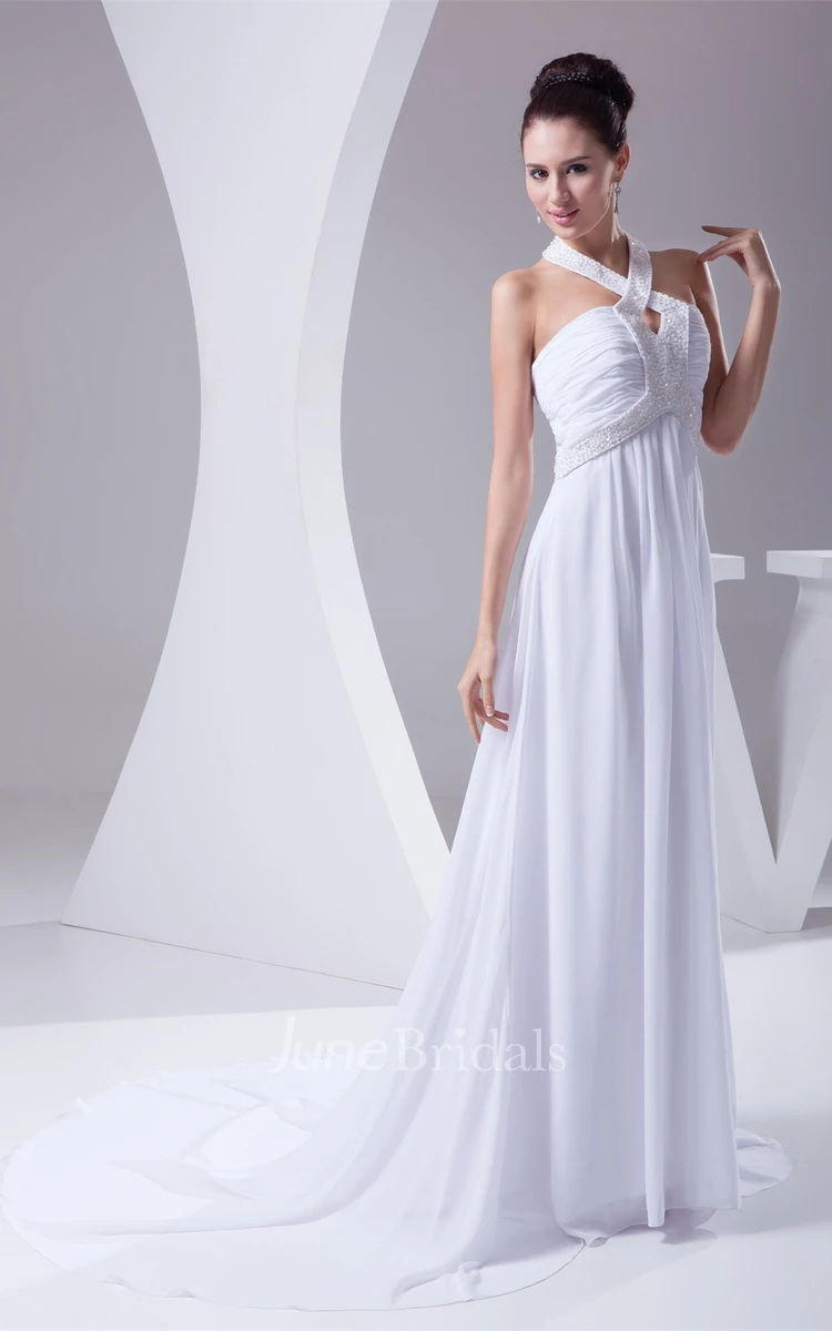 Haltered Chiffon Empire Dress with Beading and Brush Train