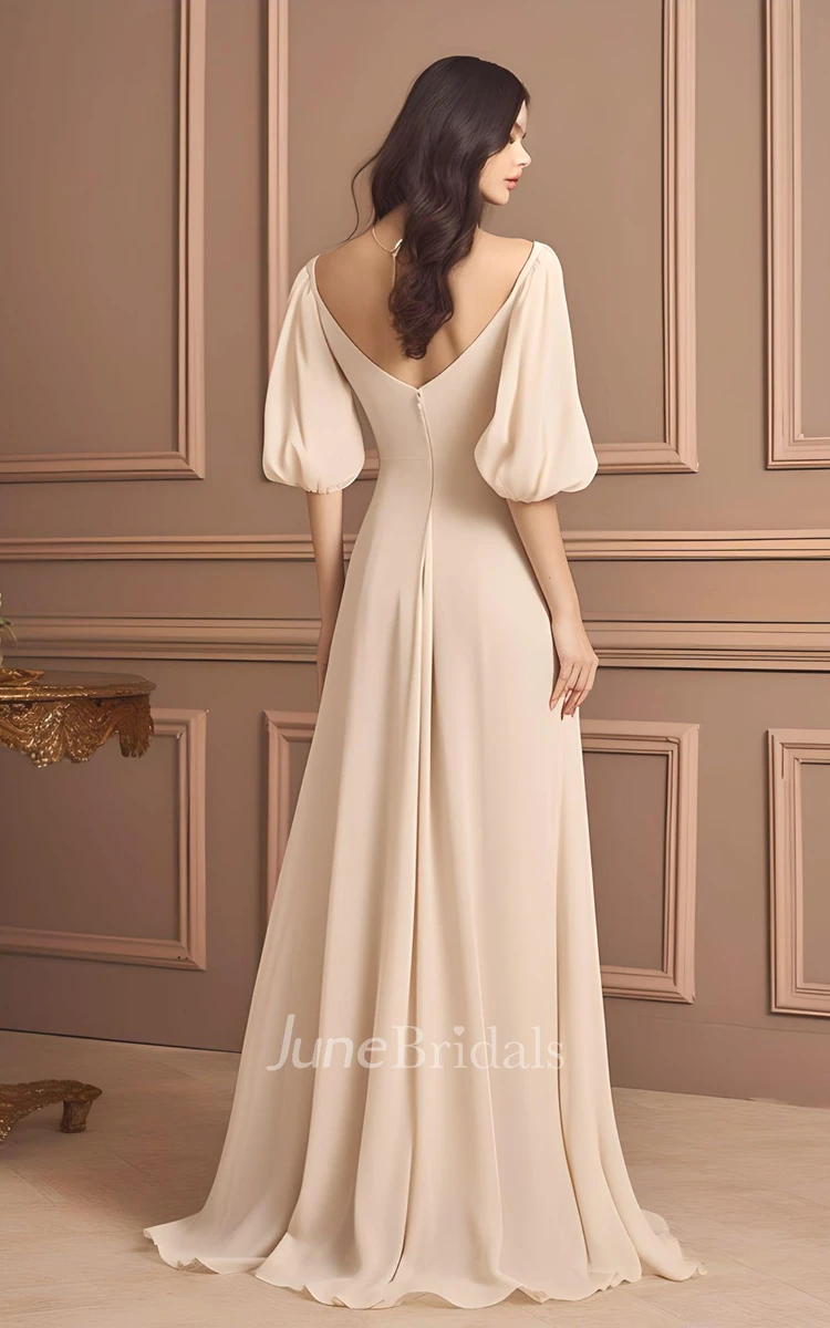 Elegant A-Line V-neck Chiffon Half Poet Sleeve Mother of the Bride Dress Simple Casual Floor-length with V-Back