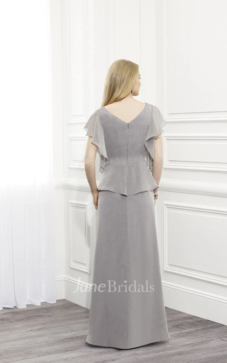 Scoop-neck Short Sleeve Ruched Mother of the Bride Dress With Peplum
