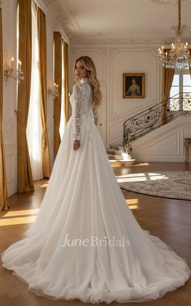 Modest Long-Sleeve High Neck Wedding Dress Lace A-Line Flower Bridal Gown