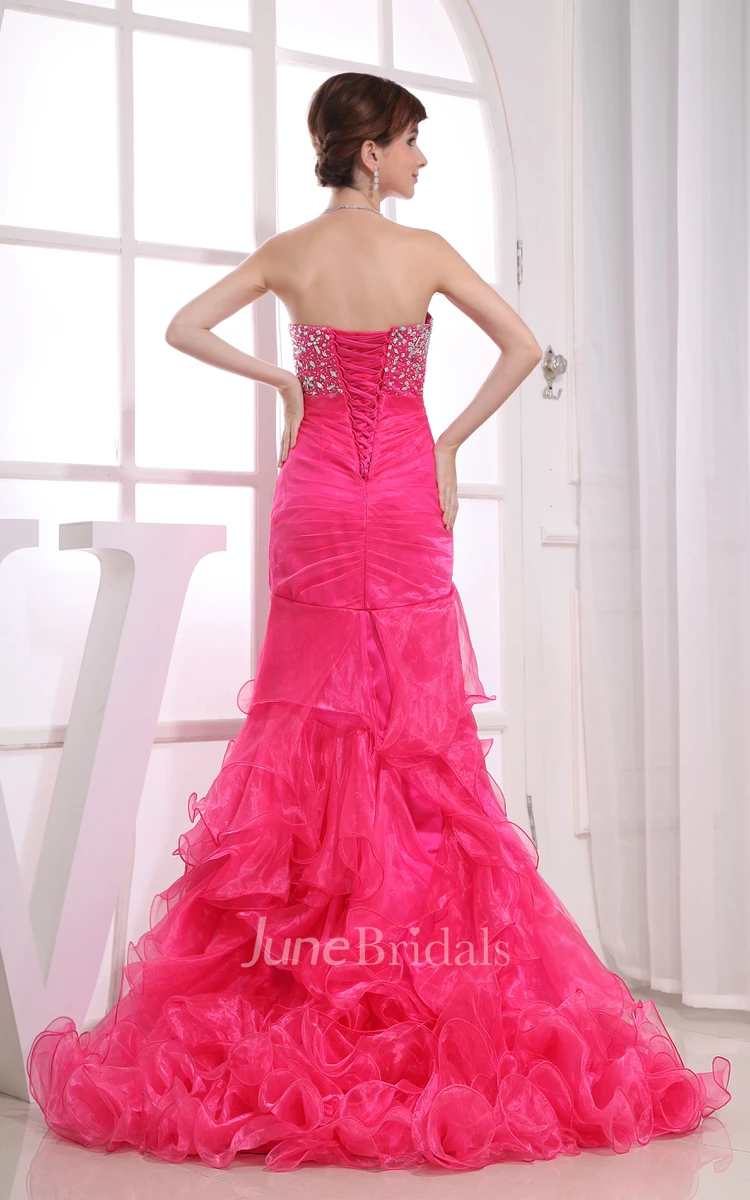 Strapless Beaded Sheath Dress With Ruffles and Brush Train