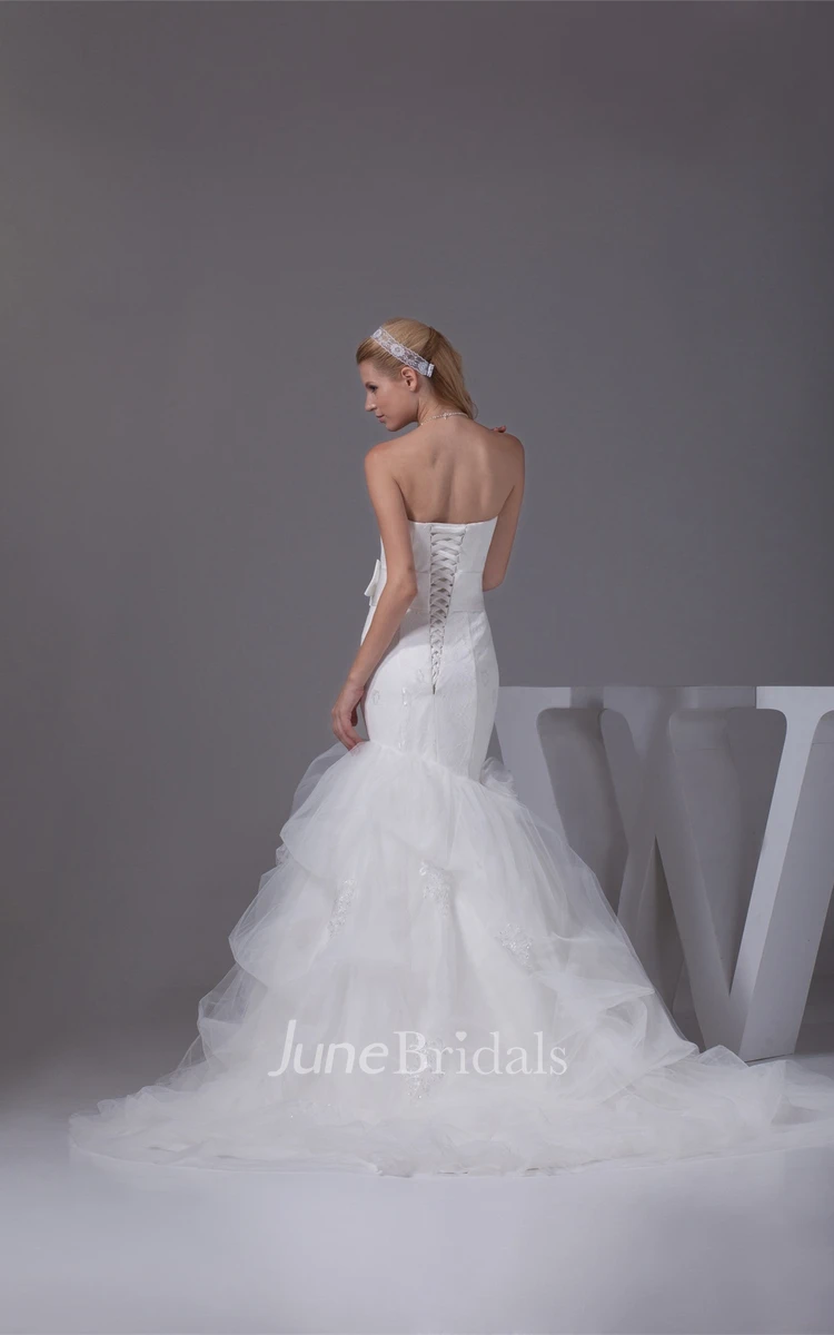 Strapless Mermaid Appliqued Dress with Bow and Tulle Overlay