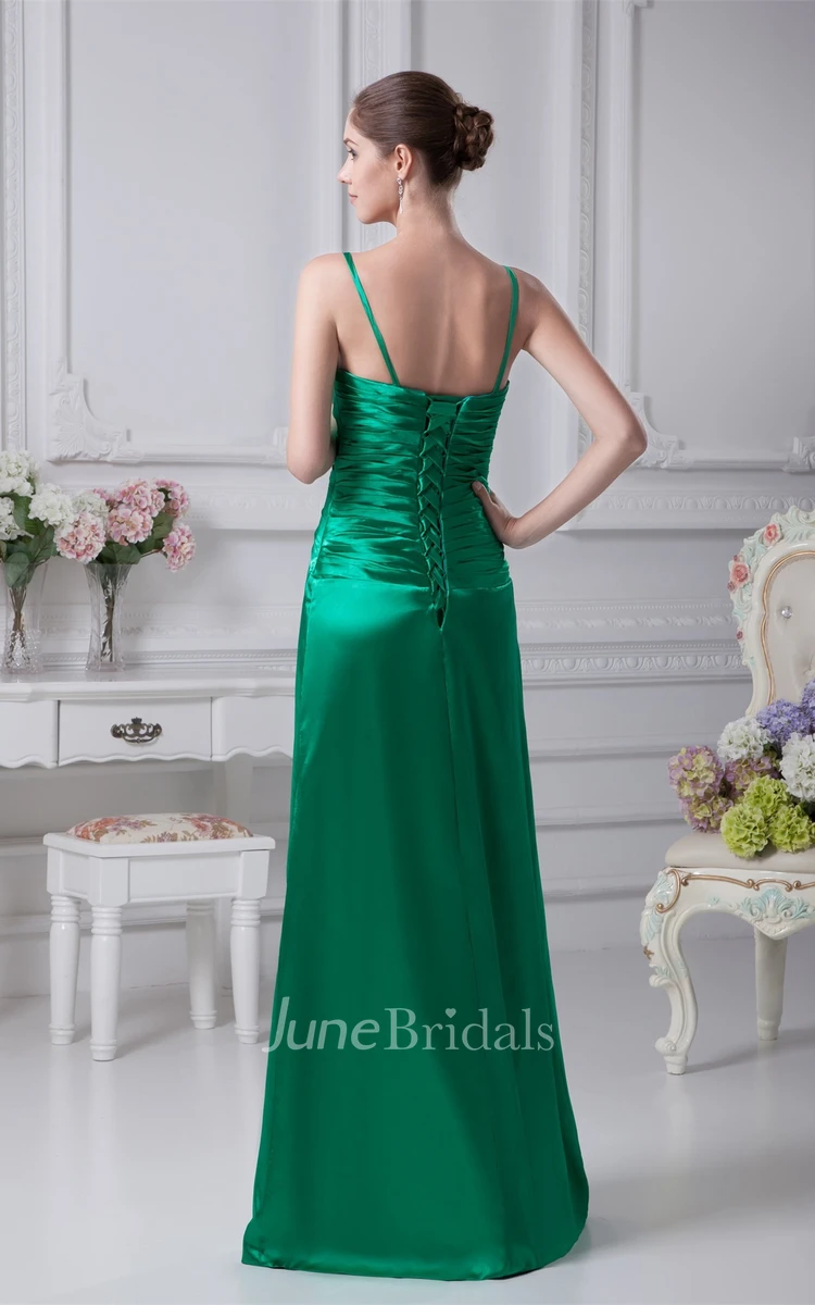 Spaghetti-Strap Ruched Satin Gown with Bolero and Crystal Detailing