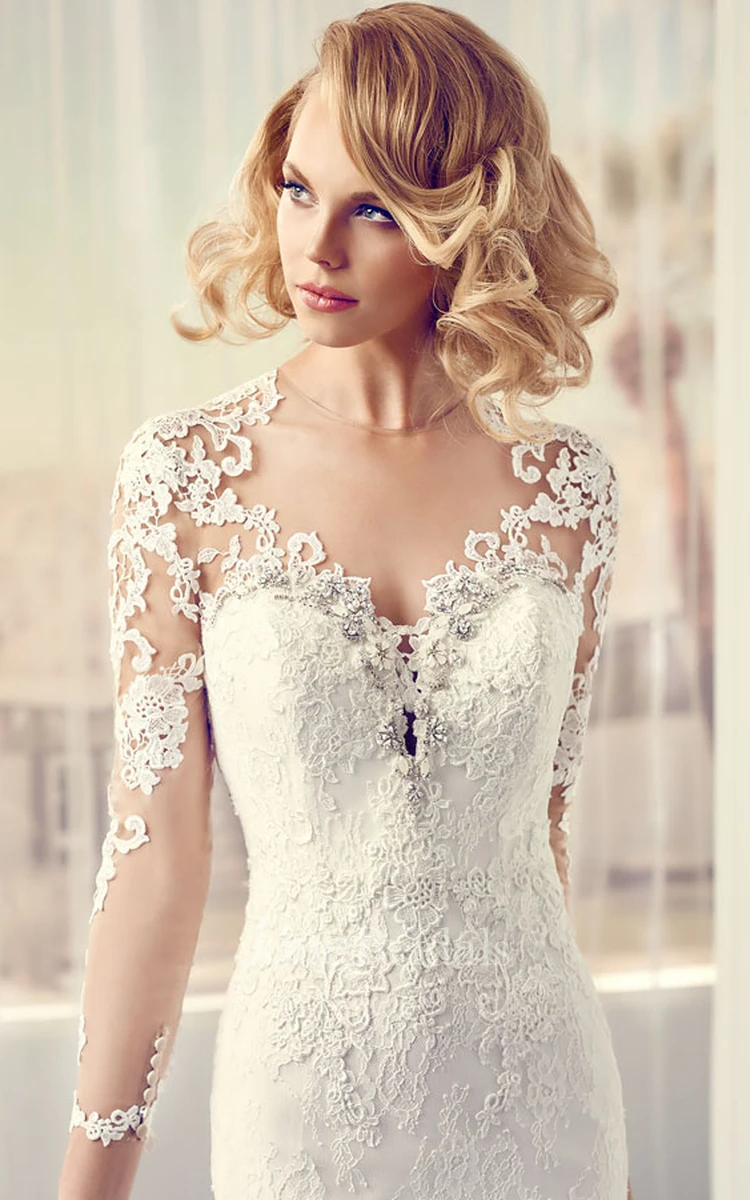 V-Neck Maxi Long-Sleeve Appliqued Lace Wedding Dress With Sweep Train And Illusion