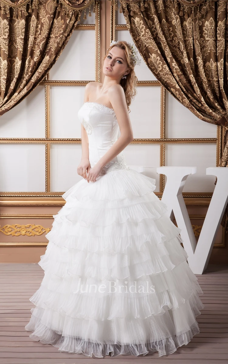 Strapless Ruched Ball Gown with Rhinestone and Appliques