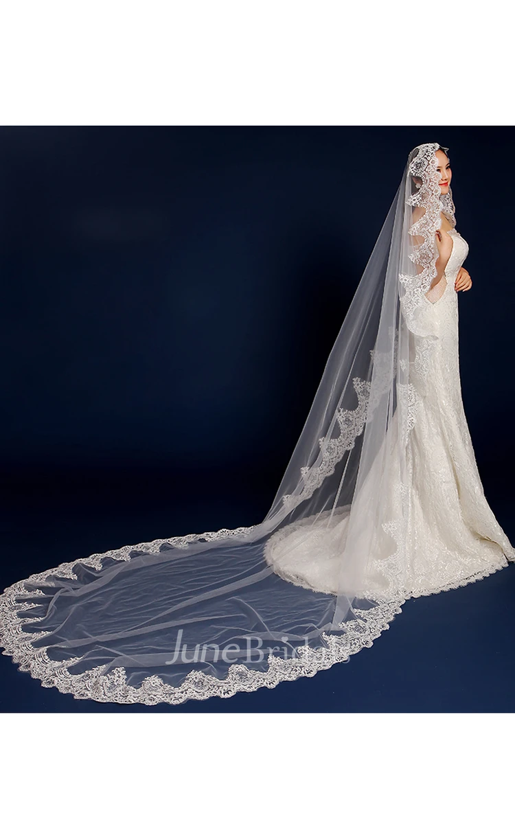 Korean Style Cathedral Wedding Veil with Exquisite Lace Edge