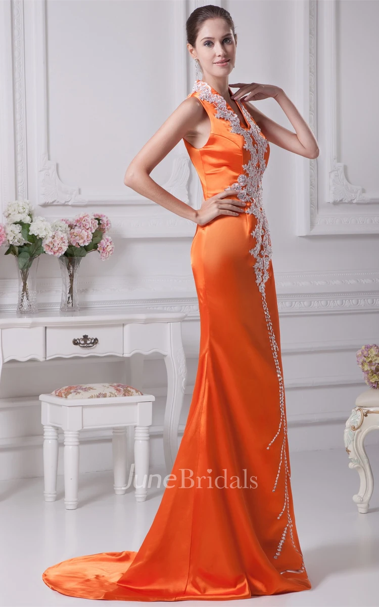V-Neck Sleeveless Sheath Long Dress with Stress and Appliques