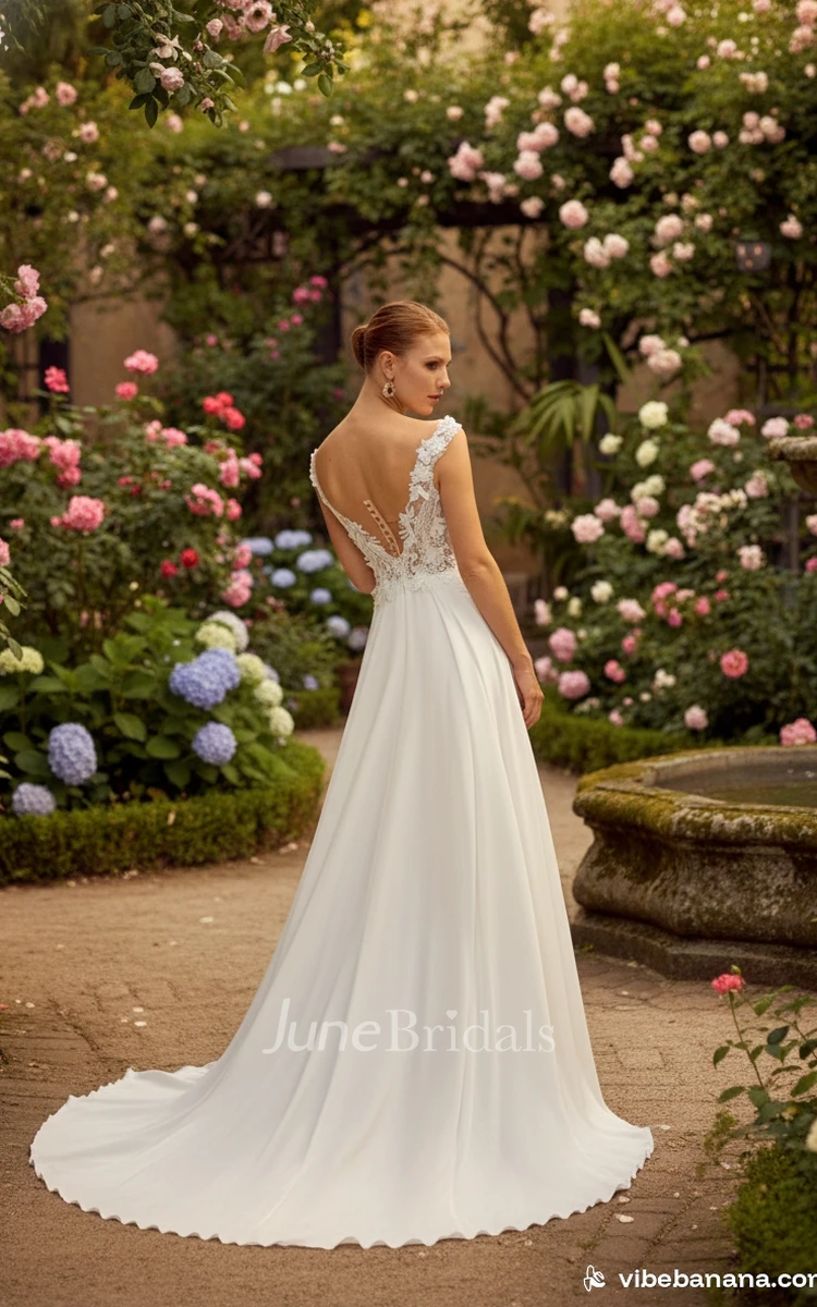 Casual A-Line Lace Sleeveless Wedding Dress Romantic V-Neck Illusion Bridal Gown