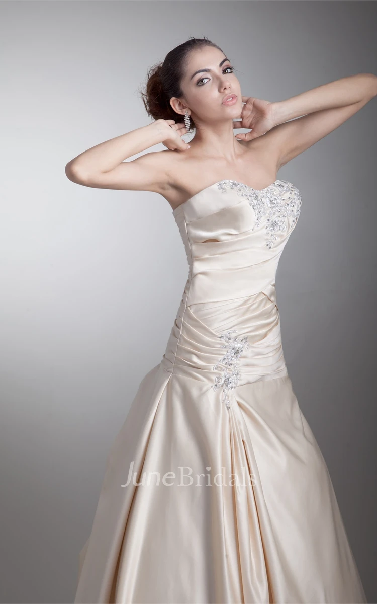 strapless ball jeweled gown with court train and ruched bodice