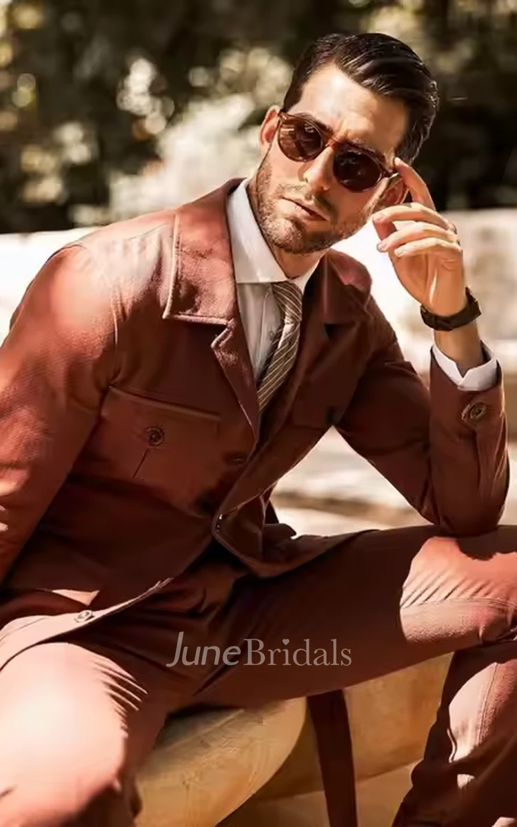 Fashion Casual Two Piece Slim Fitted Men's Wedding Suits Chic Brown Beach Garden Groom Suits Blazer Jacket Pants