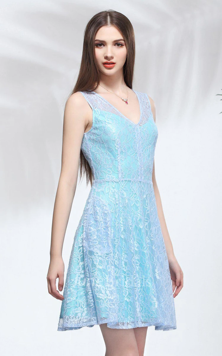 Sleeveless V-neck A-line Short Dress With Lace