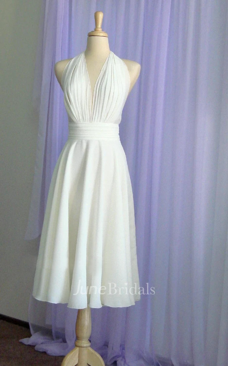 halter top tea length wedding dresses