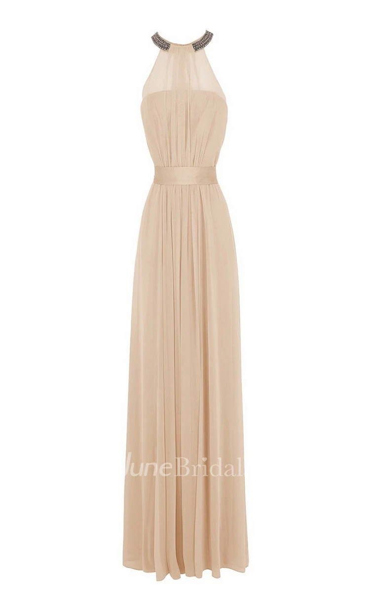 High-neck Long Pleated Gown With Ribbon