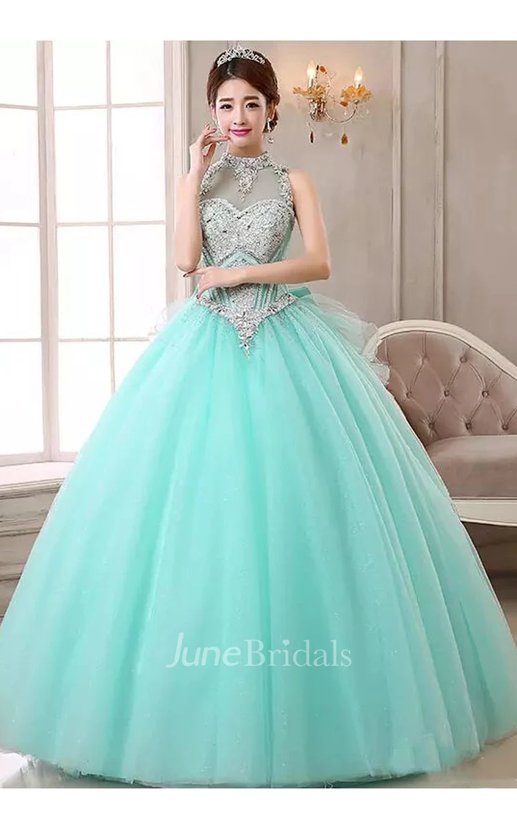 Ball Gown High Neck Sleeveless Floor-length Organza Tulle Prom Dress with Beading and Ruffles