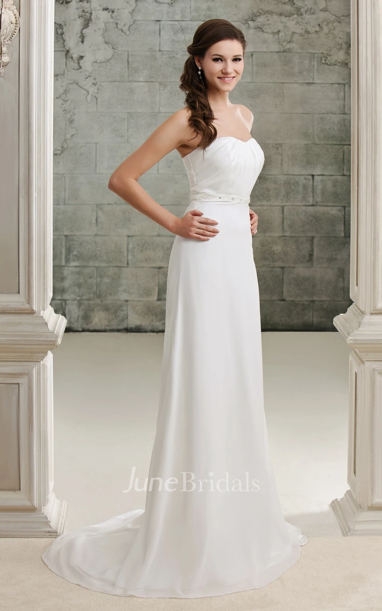 Strapless Ruched Floor-Length Dress With Beaded Waist and Court Train