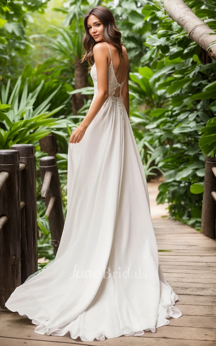 Elegant Garden A-Line Plunging V-Neck Floor-length Spaghetti Chiffon Lace Wedding Gown Sexy Ethereal Lace Appliques Split Front Sleeveless Backless Bridal Dress with Button