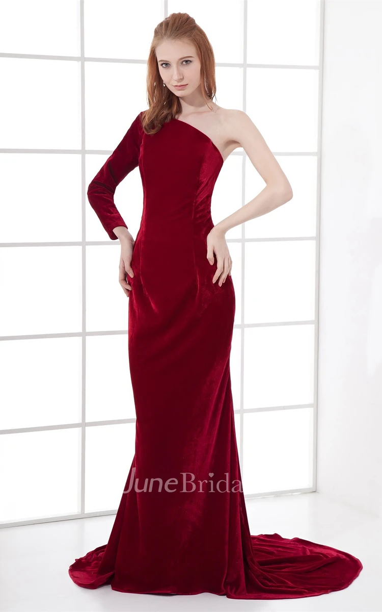 glam maxi sheath dress with one-sleeve design and brush train