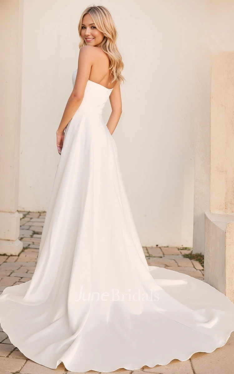 Modern A-Line Sleeveless Satin Wedding Dress Ruching and Front Slit Gown with Court Train