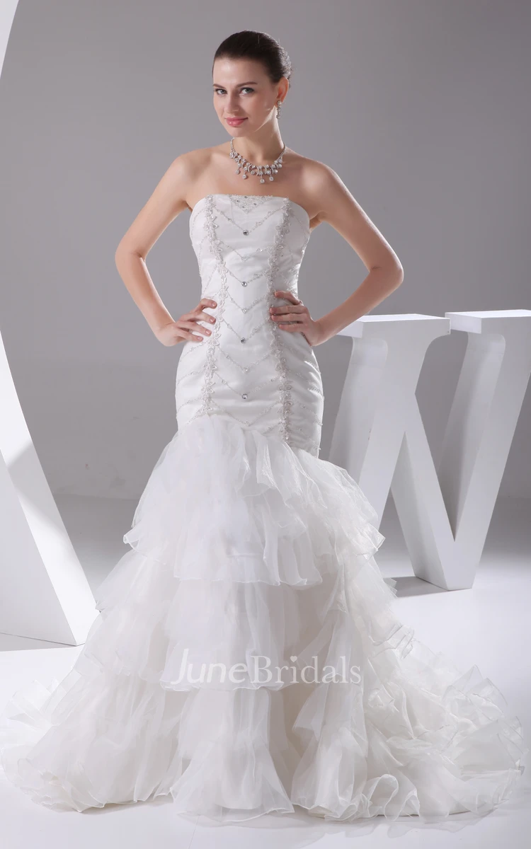 Strapless A-Line Tulle Dress With Ruffles and Beading