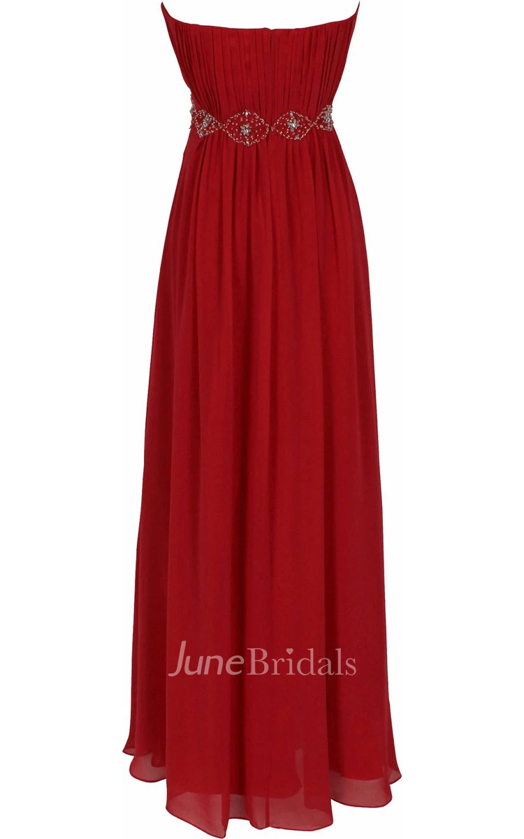 Strapless Pleated Long Dress With Ruching and Crystal