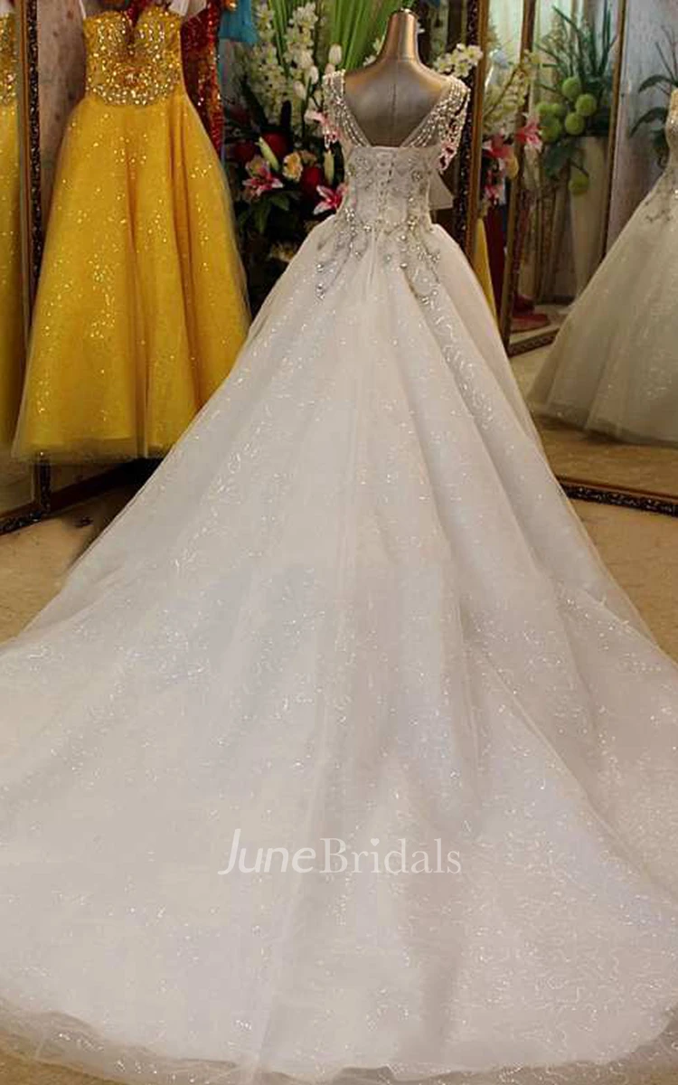 Beaded Short Sleeve Tulle Ball Gown With V Neck