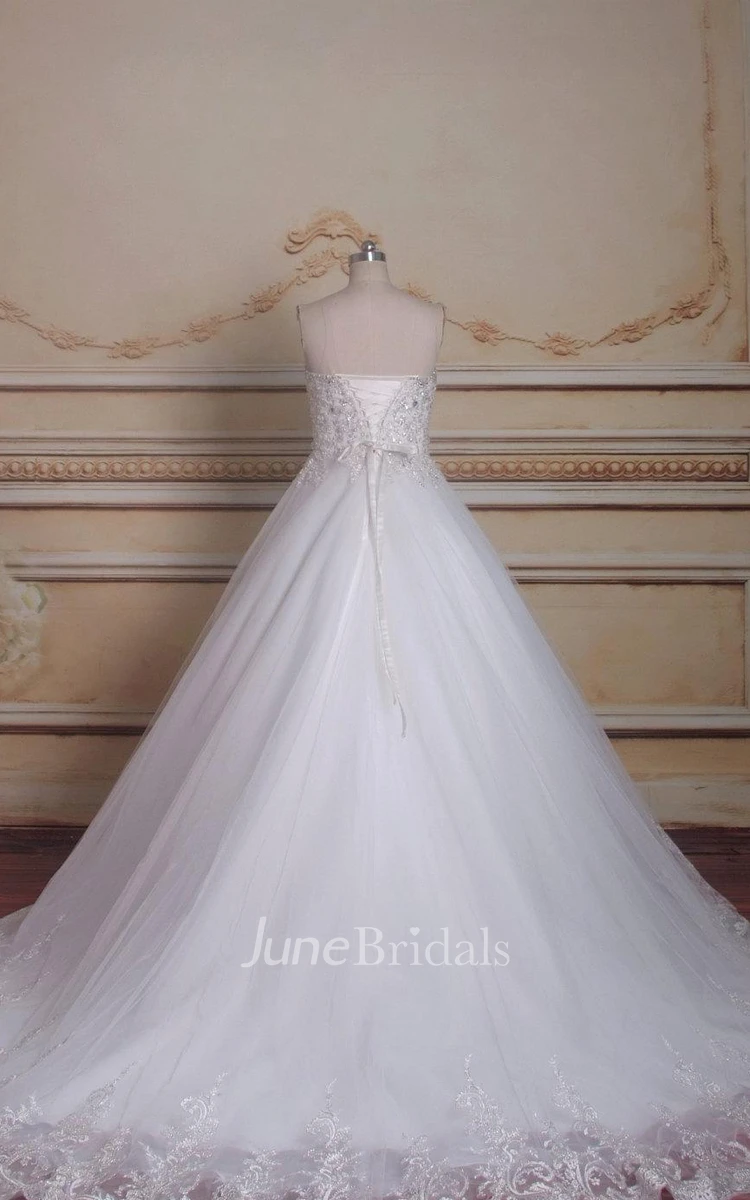 Ball Gown Sweetheart Chapel Train Tulle Lace Organza Satin Dress With Beading