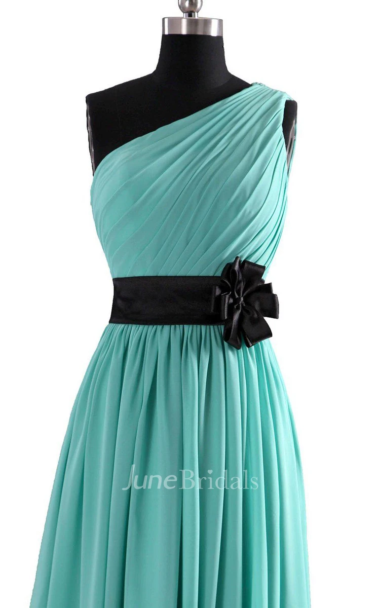 One-shoulder A-line Pleated Chiffon Gown With Belt