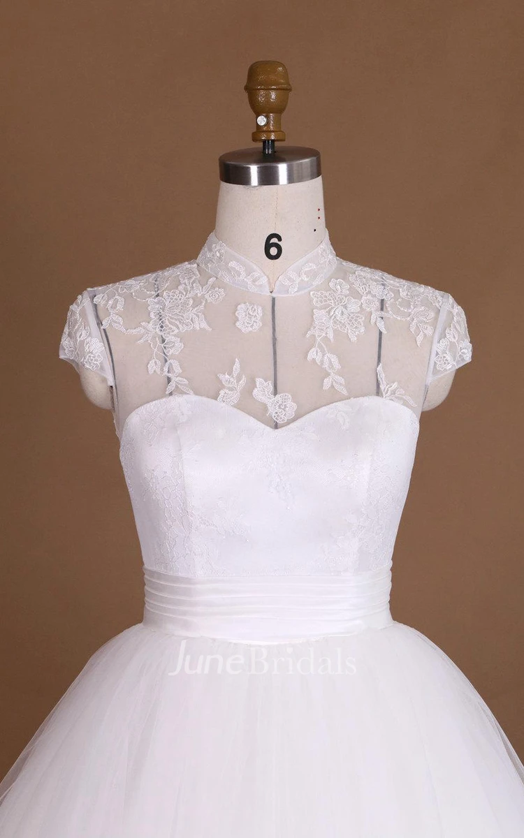 Ball Gown High Neck Cap Sleeve Lace Satin Dress With Appliques Illusion