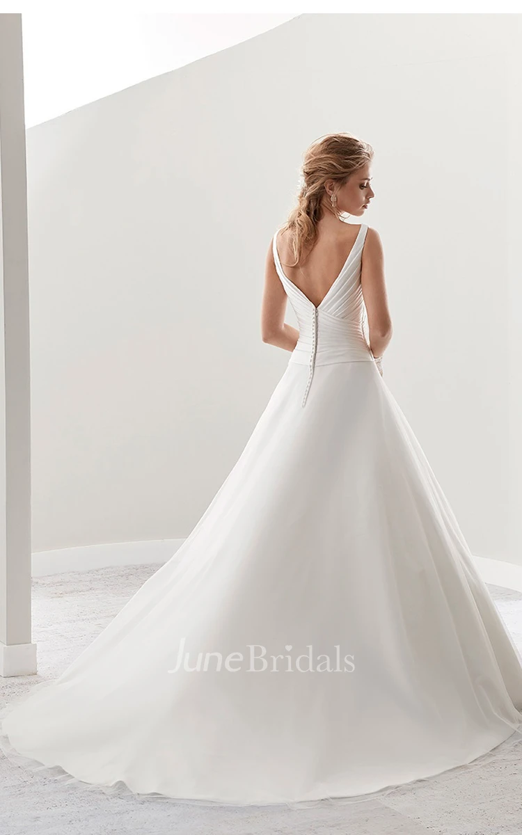 V-Neck A-Line Pleated Bridal Gown With Low-V Back And Brush Train