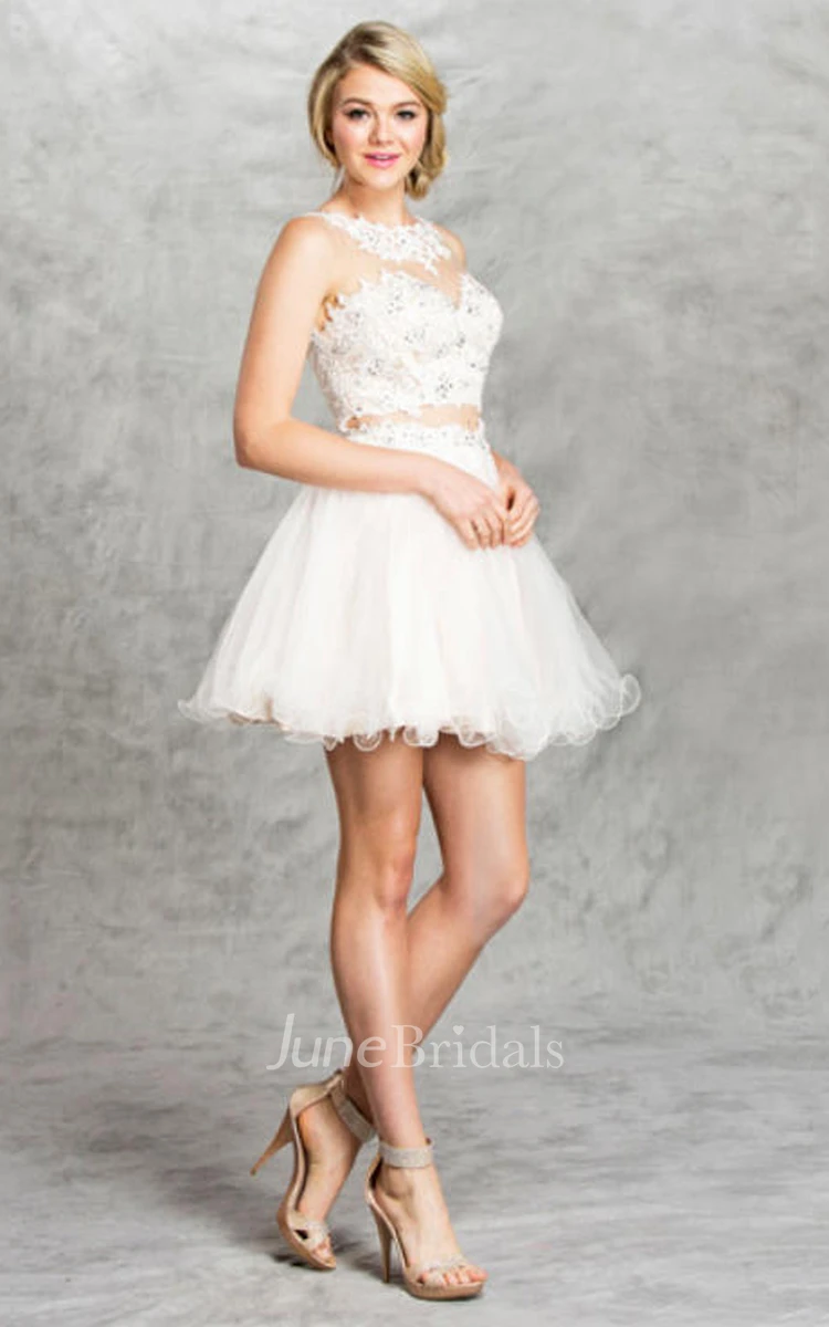 Two-Piece A-Line Short Scoop-Neck Sleeveless Tulle Illusion Dress With Appliques And Ruffles