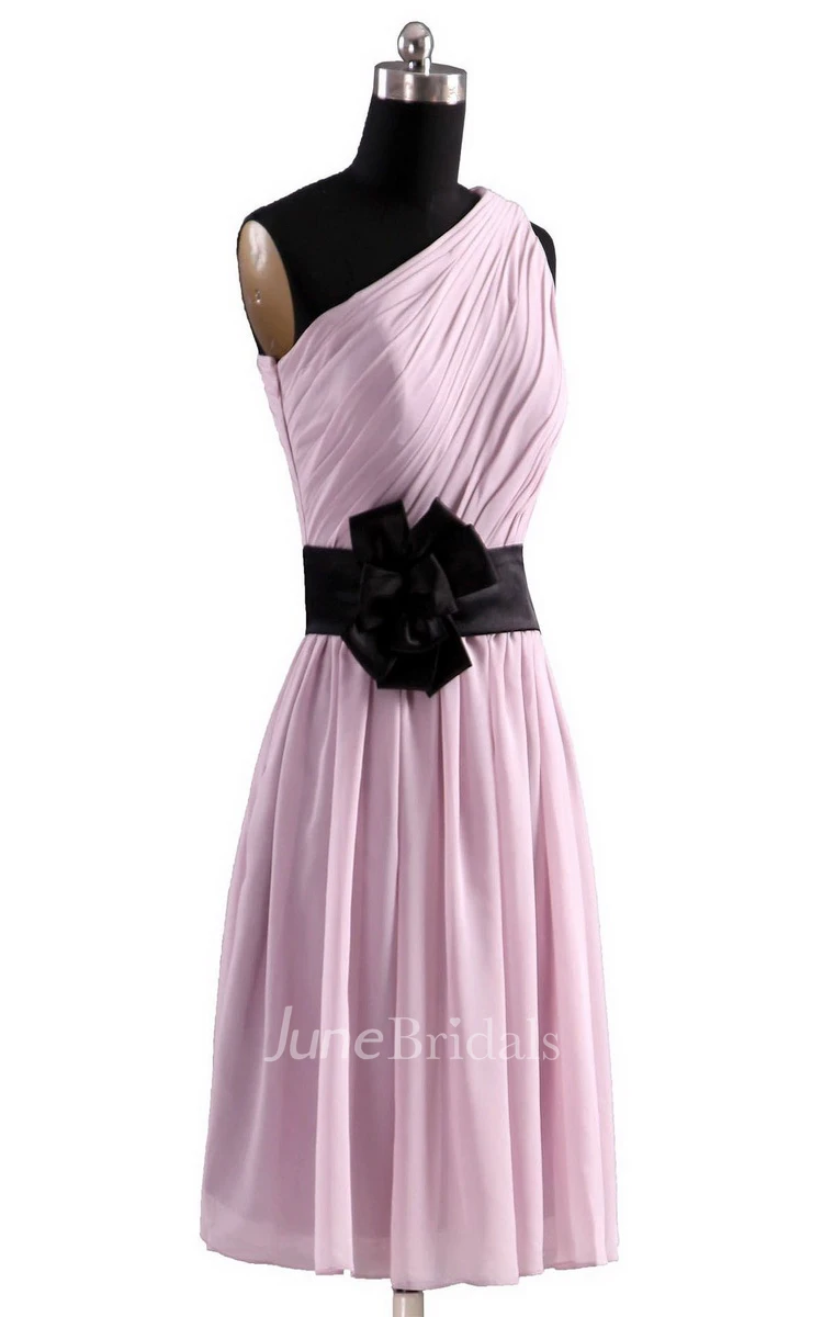 One-shoulder A-line Chiffon Dress With Floral Sash