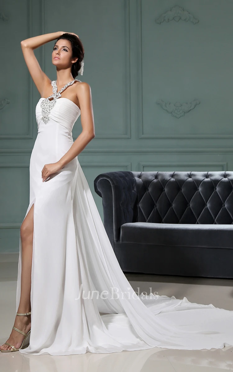 Straps Chiffion Crisscross Slited Gown With Crystal Detailing Detailing