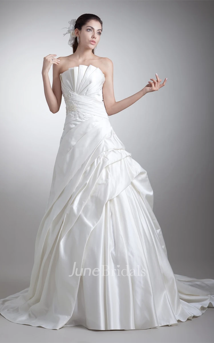 strapless a-line ball ruched gown with corset back and appliques