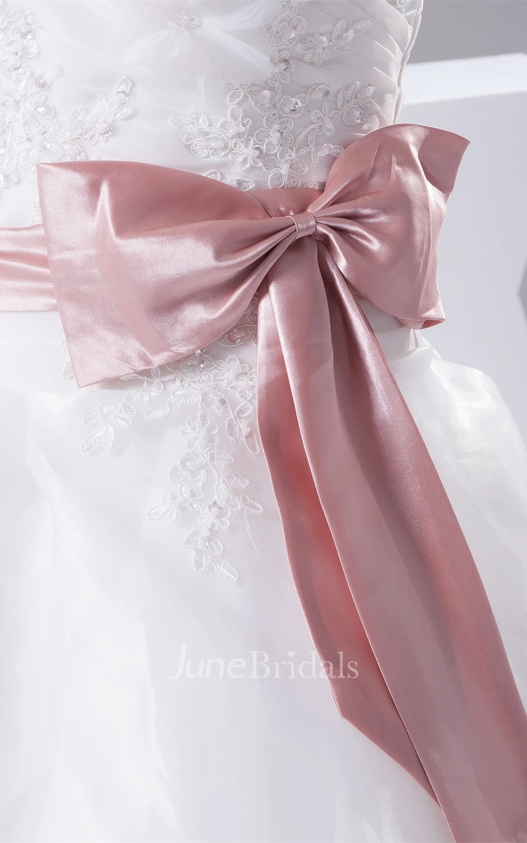 Sweetheart Ruffled Ball Gown with Ribbon and Appliques