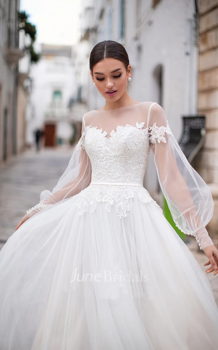Elegant Tulle Bateau Illusion Long Sleeve Bridal Gown with Applique