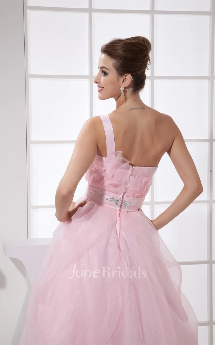 Pastel Tulle Ruffled A-Line Dress with Beaded Waist and Single Strap