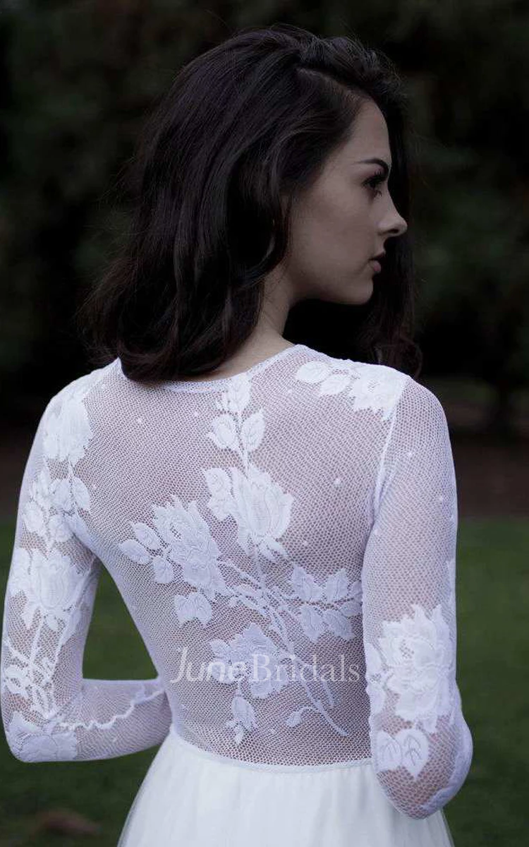 Bateau Long Sleeve Tulle Appliqued Wedding Dress