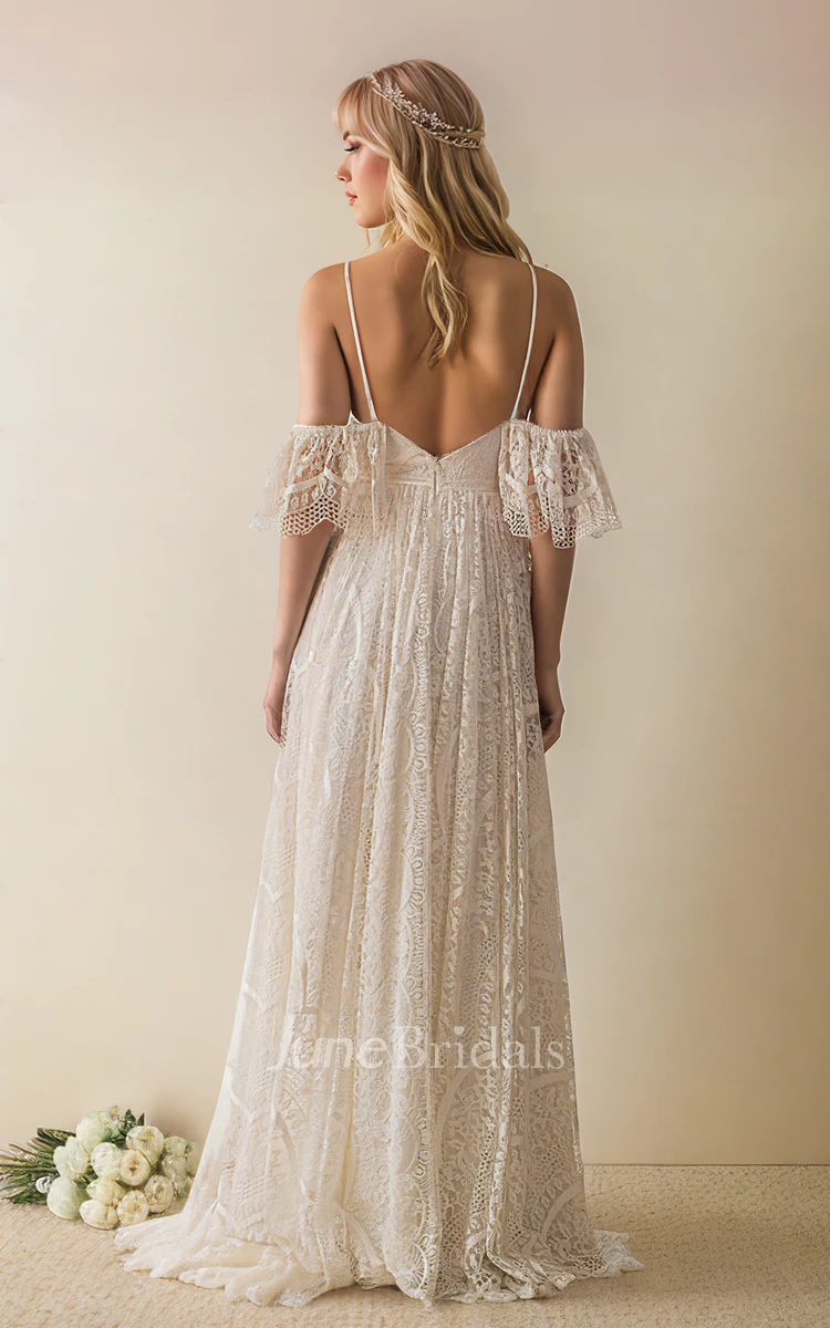 Plunging Neckline Bohemian Lace A-Line Off-the-shoulder Sexy Beach Country Floor-length Spaghett Open Back Wedding Bridal Dress