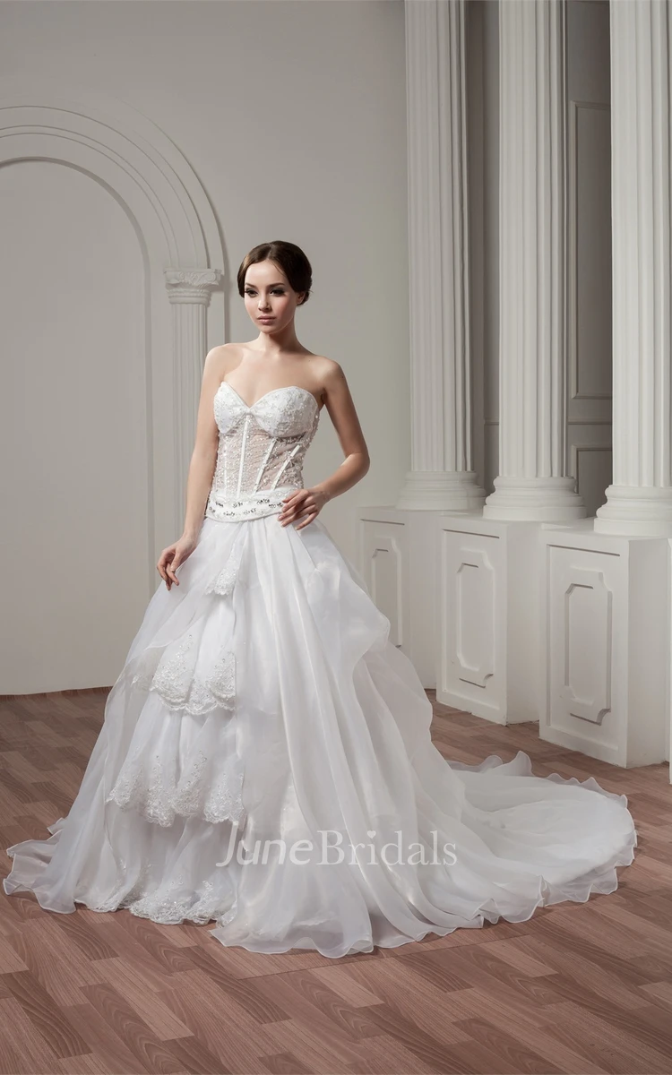 Sweetheart Illusion A-Line Dress with Appliques and Tiers