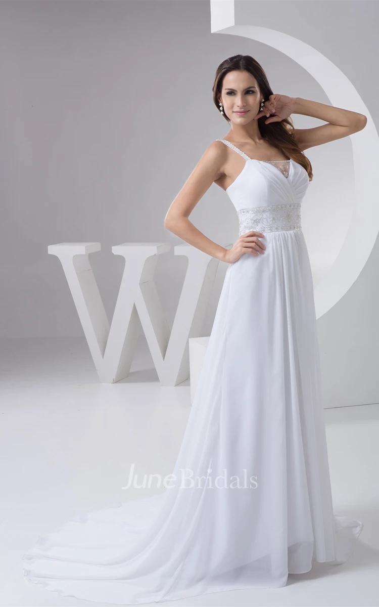 Chiffon Strapped Long Dress with Pleats and Jeweled Waist