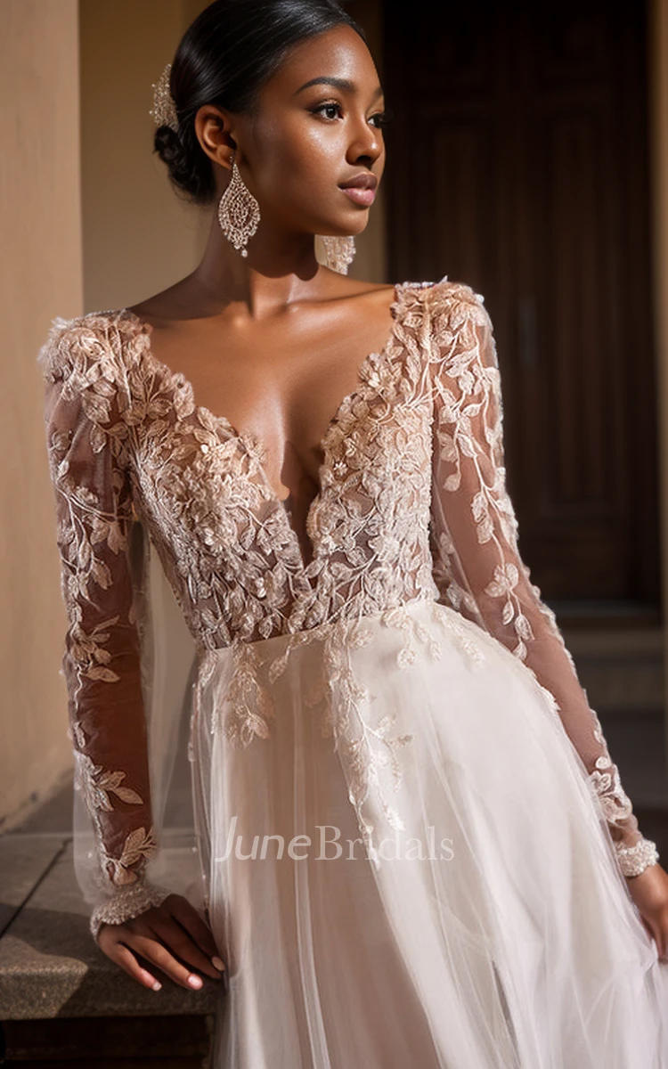 Princess Floral A-Line Bohemian Winter Long Sleeve Maxi Wedding Dress Elopement Sexy V-Neck Low Back Sweep Train Beach Castle Bridal Gown