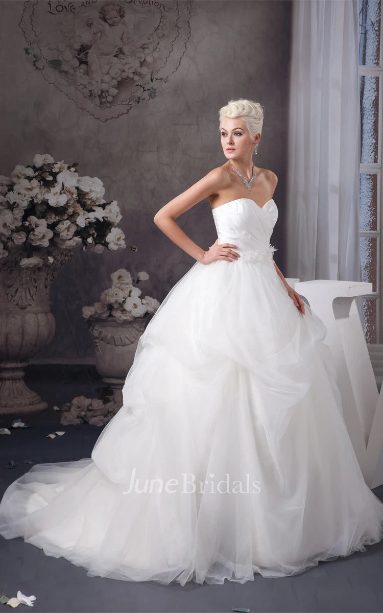 Sweetheart Criss-Cross Tulle Gown with Pick Up and Floral Waist