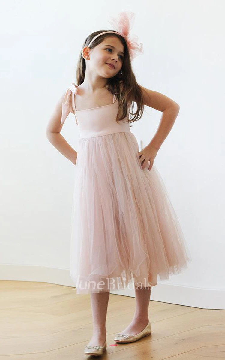 Strapped Tulle Dress With Flower and Pleats
