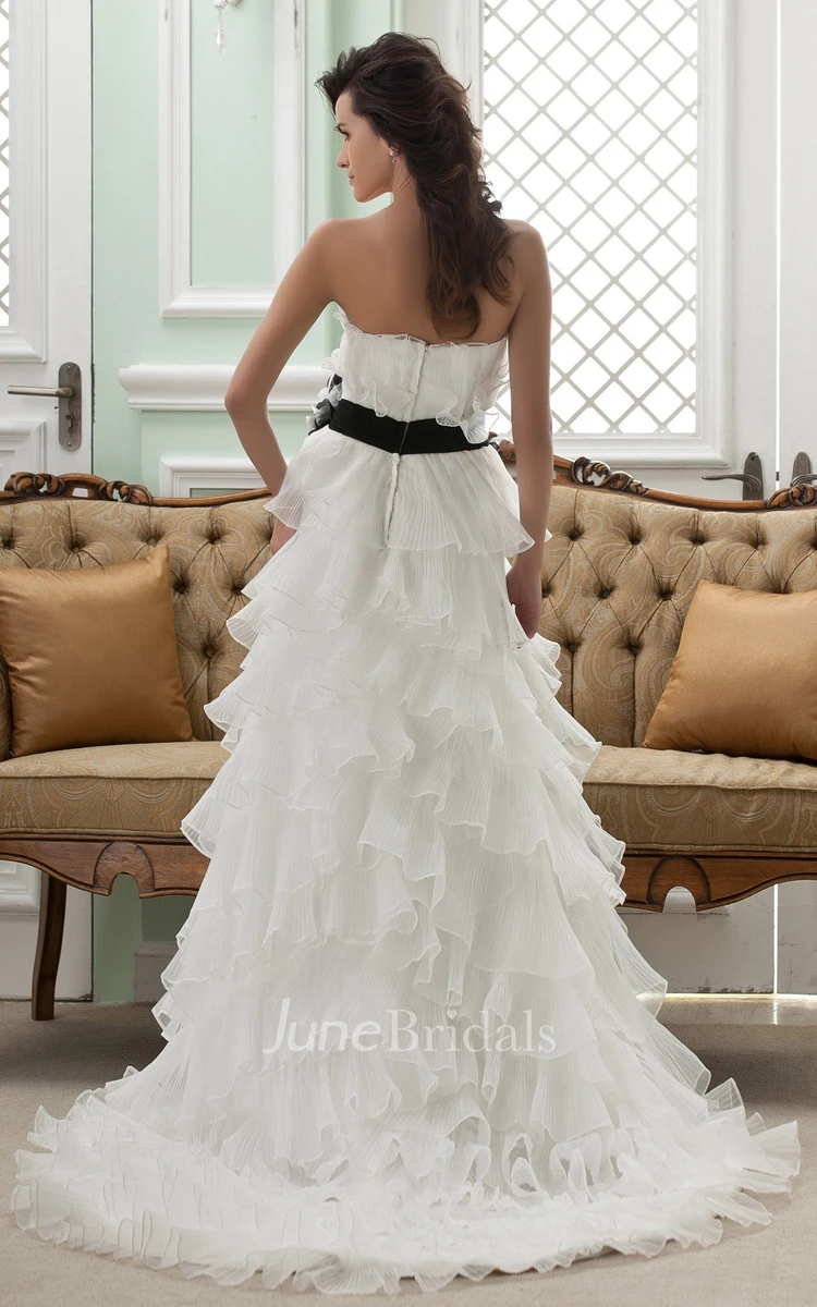 Strapless Ruffled A-Line Dress With Tiers and Ribbon