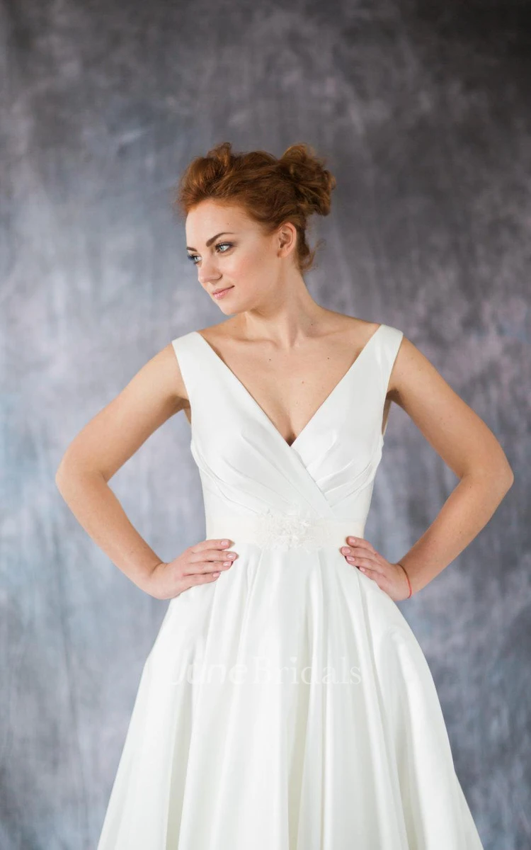 V-Neck Sleeveless A-Line Satin Wedding Dress With Pleats