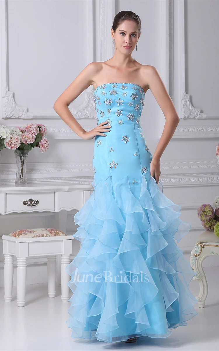 Strapless Column Maxi Dress with Rhinestone and Cascading Ruffles