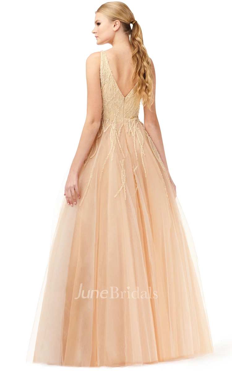 Ball Gown Elegant Tulle V-neck Sleeveless Formal Dress
