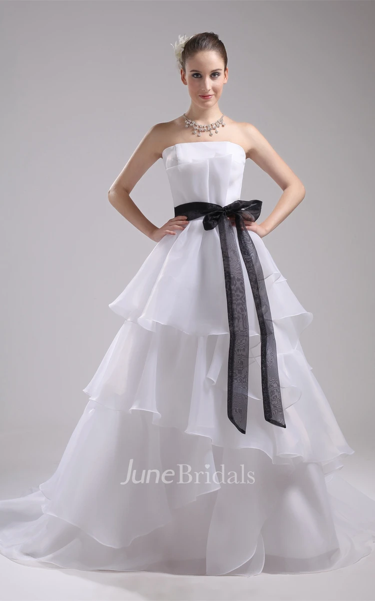 Strapless A-Line Ruched Dress with Ruffles and Ribbon