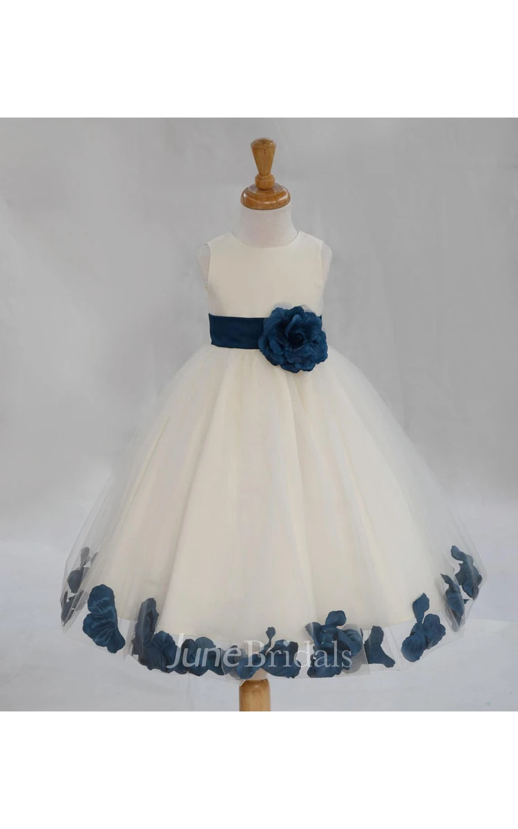 Ivory Flower Hemline Pleated Tulle Gown With Tie Sash and Petals